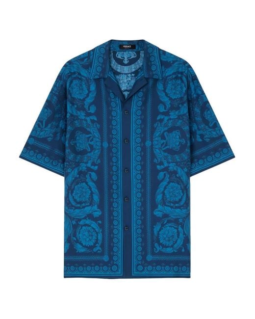 Versace Overhemden ,Blauw ,Printed Silk Twill Slim Shirt in het Blue voor heren