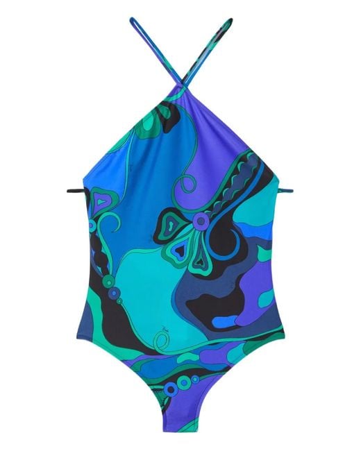 Emilio Pucci Blue Orchidee Halterneck Swimsuit