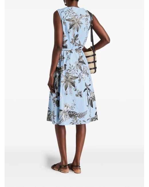 Oscar de la Renta Blue Floral Belted Shirt Midi Dress