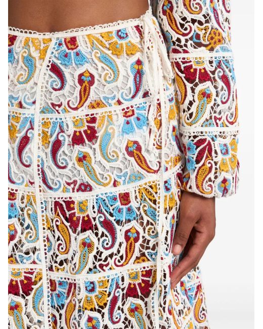 Etro White Paisley-Macramé Midi Skirt
