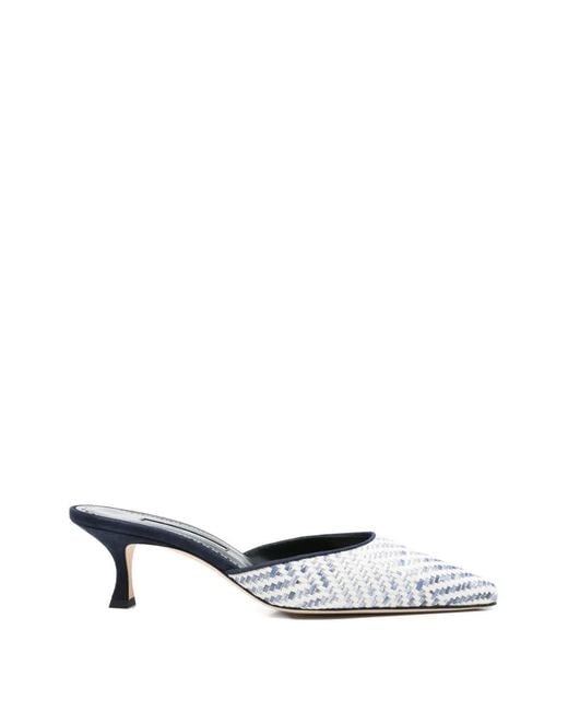 Manolo Blahnik White Carolynemu Raffia Mules