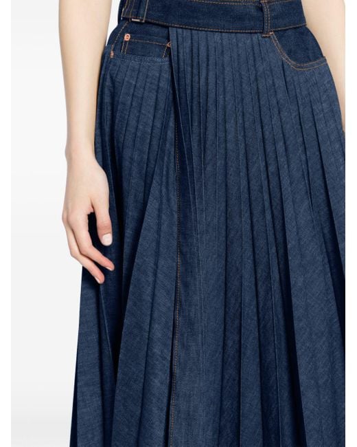 Sacai Blue Pleated Denim Wrap Skirt
