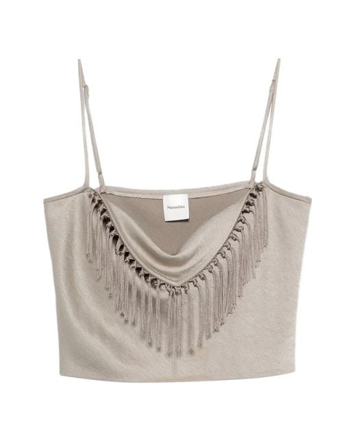 Nanushka Gray Fringe-Detail Sleeveless Top