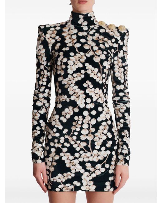 Balmain Black Redcurrant-Print Velvet Mini Dress