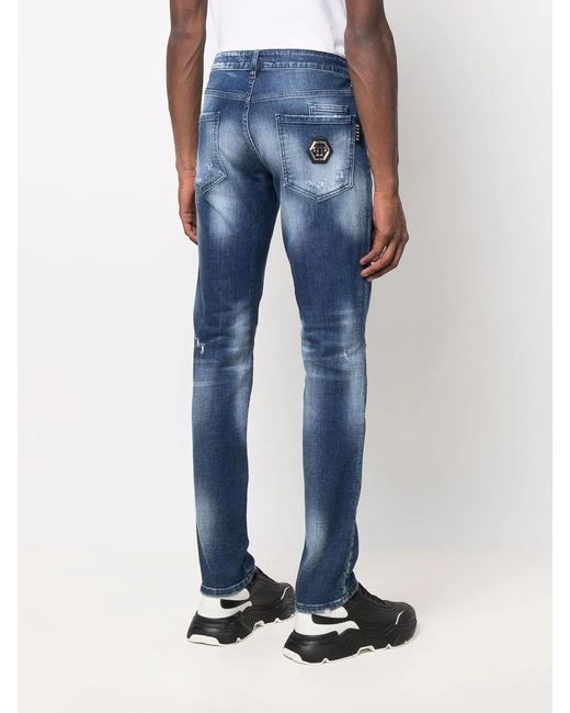 Philipp Plein Blue Destroyed Straight-Leg Jeans for men