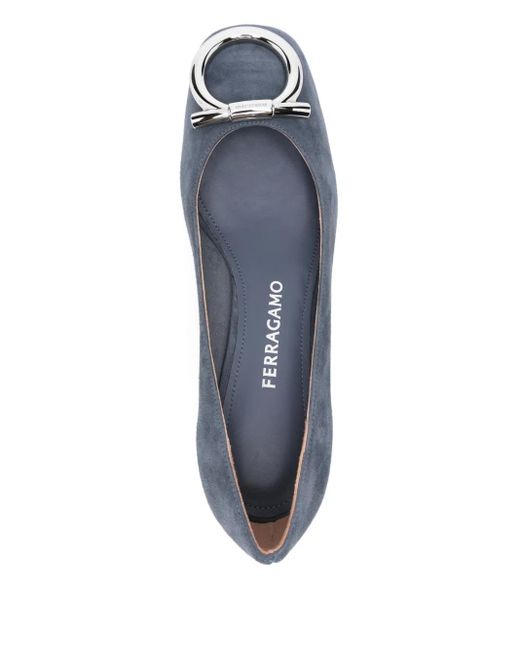 Ferragamo Blue 40Mm Logo-Buckle Block-Heel Pumps