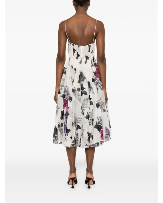 Roberto Cavalli White Floral-Print Bustier Midi Dress