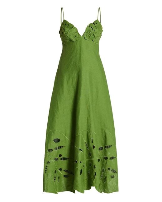 FARM Rio Leaf-Applique Linen Midi Dress in Green | Lyst