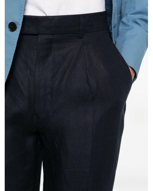 Zegna Blue Tapered Linen Trousers for men