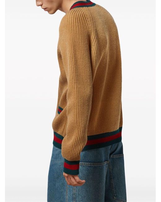 Gucci Brown Wool Web Stripe Cardigan for men