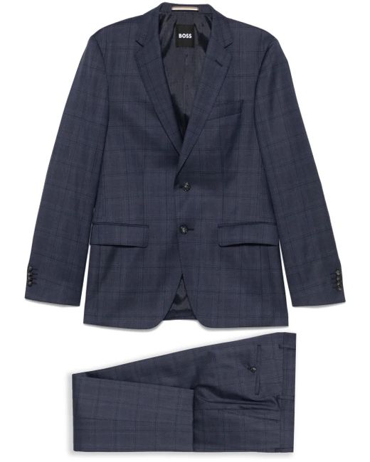 Boss Blue Check-Pattern Single-Breasted Suit for men