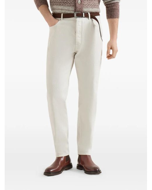 Brunello Cucinelli White Garment-Dyed Denim Iconic Fit Five-Pocket Trousers With Rips for men