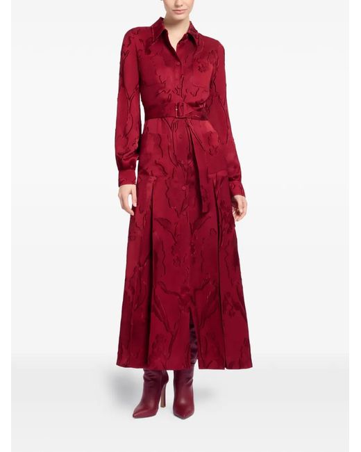 Elie Saab Red Long-Sleeve Belted Midi Dress