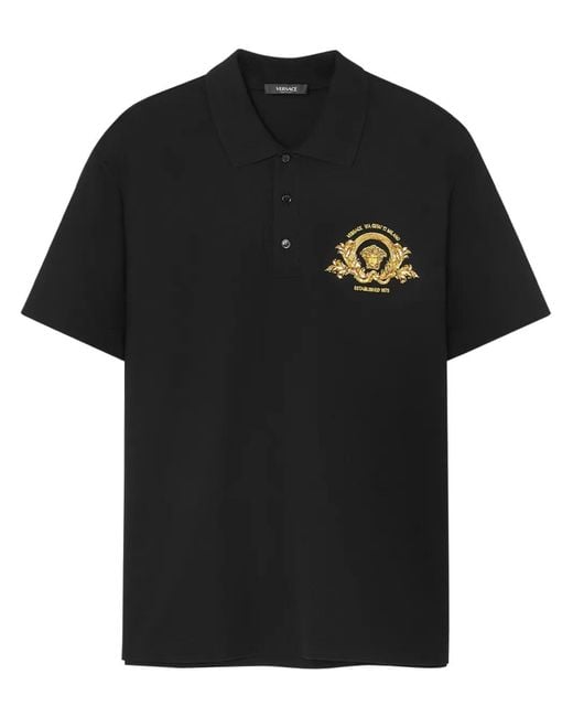 Versace Black Short-Sleeve Polo Shirt With Embroidered Emblem for men