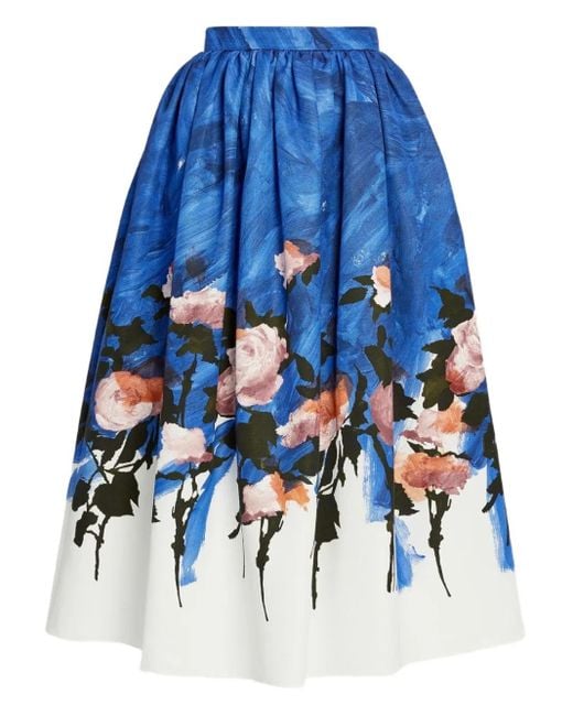 Falda midi fruncida con motivo floral Erdem de color Blue