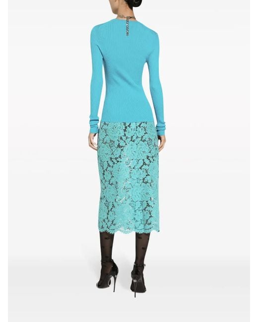 Dolce & Gabbana Blue Floral-Lace High-Waisted Midi Skirt