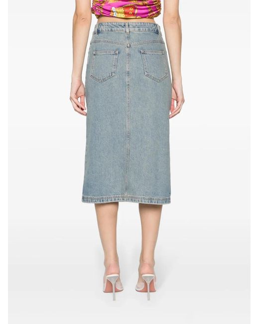 Moschino Blue Teddy Bear-Button Denim Midi Skirt