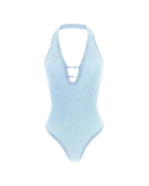 Hunza G Blue Adriana Beaded-Embellishment Swimsuit