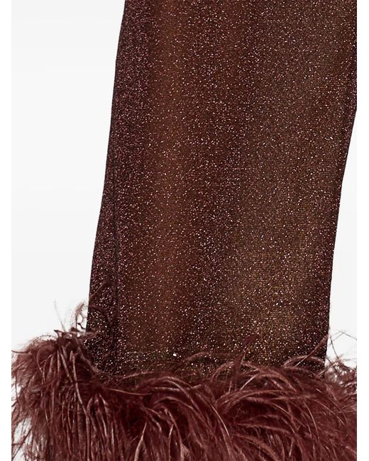 Oseree Brown Plumage Feather-Trim Trousers