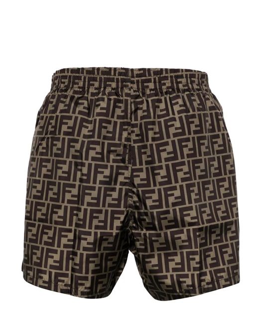 Fendi Brown Logo-Pattern Swim Shorts for men