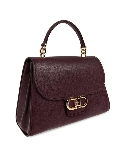 Ferragamo Purple Double Gancini Leather Tote Bag