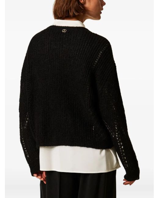 Twinset Black Openwork Wool-Blend Sweater