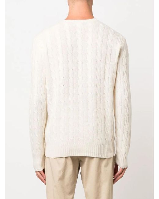 Polo Ralph Lauren White Textured Cable Knit Sweater With Round Neckline And Fitted Silhouette for men