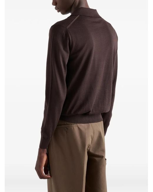Prada Brown Long-Sleeved Superfine Wool Polo Sweater for men