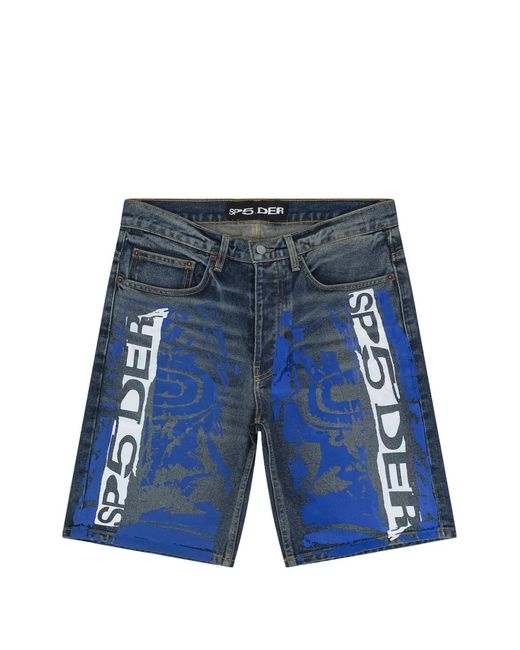 Sp5der Blue Logo-Print Denim Shorts for men