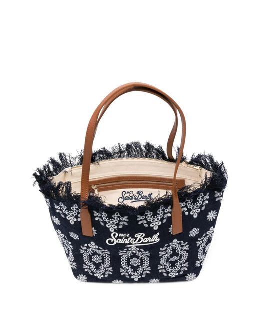 Mc2 Saint Barth Blue Embroidered-Logo Fringed Shoulder Bag