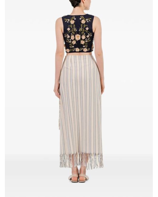 Agua Bendita White Maria Valle Floral-Embroidered Striped Pareo Maxi Skirt