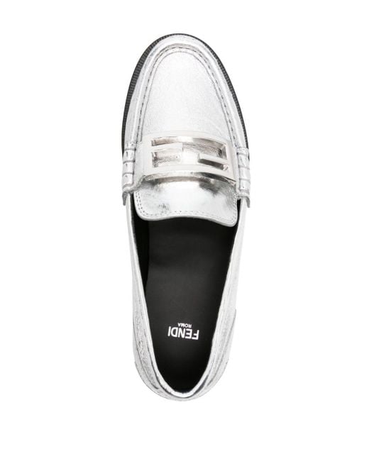 Fendi Baguette Metallic Leren Loafers in het White