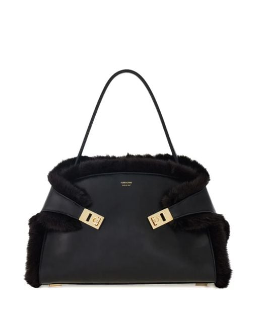 Ferragamo Black Medium Hug Soft Fur-Trimmed Shoulder Bag