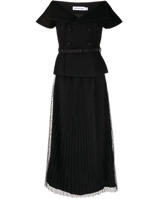 Robe mi-longue à épaules dénudées Self-Portrait en coloris Black