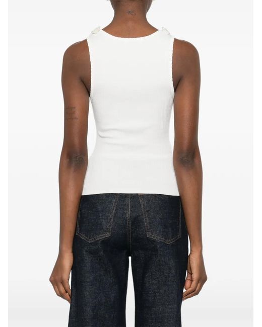 Sandro White Ribbed Knit Top With Beaded Roses