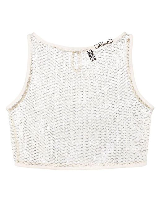Karl Lagerfeld White Sequined Mesh Crop Top