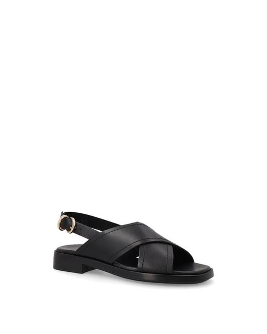 Frau Black Crossover-Strap Leather Sandals