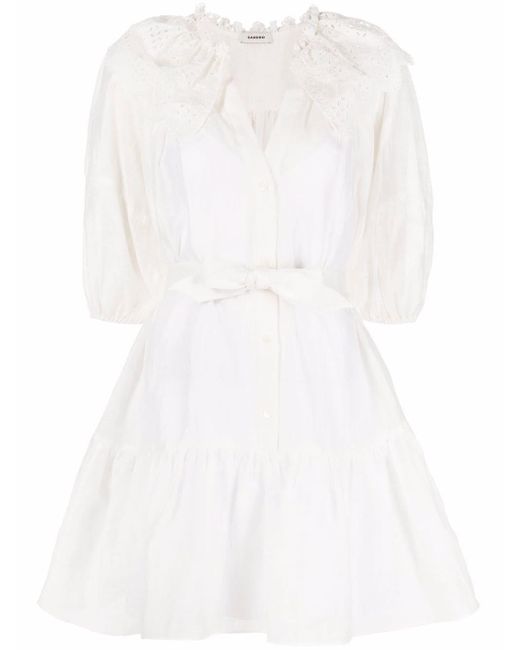 Sandro Puff-sleeve Belted Minidress in White - Lyst