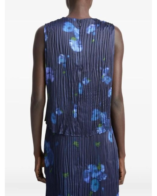Vince Blue Pleated Floral-Print Top