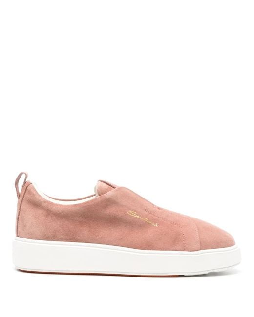 Santoni Pink Logo-Debossed Suede Slip-On Sneakers