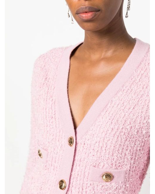 Elisabetta Franchi Pink Button-Up Bouclé Cropped Cardigan