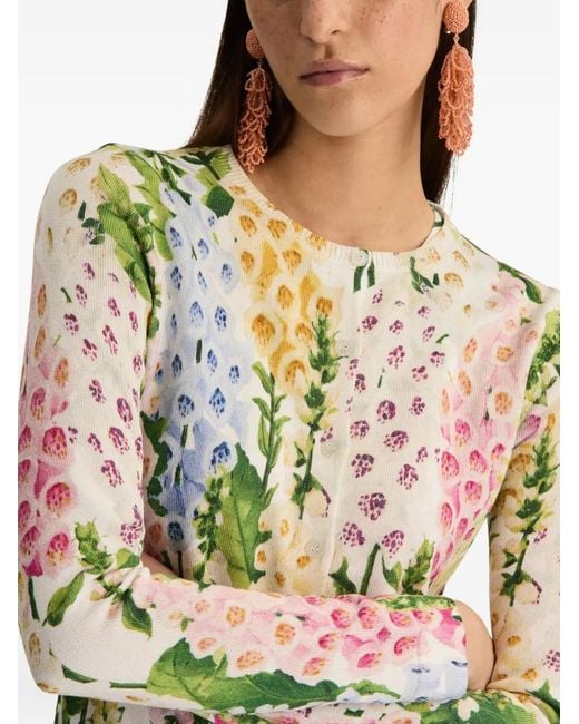 Oscar de la Renta White Foxglove Printed Cardigan