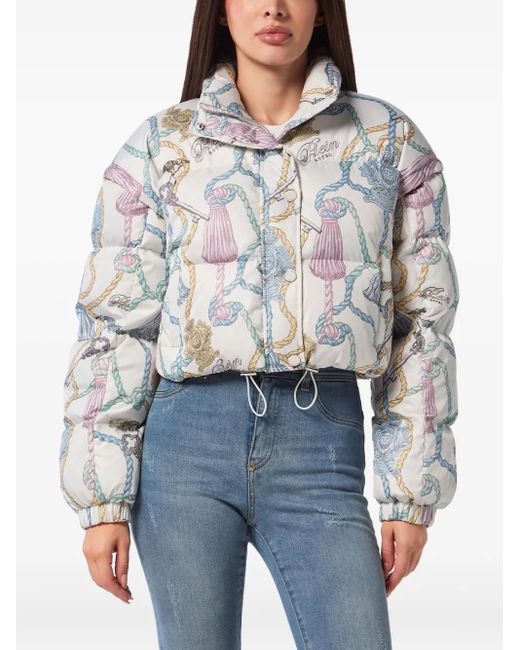 Philipp Plein White Tassel-Key Print Puffer Jacket