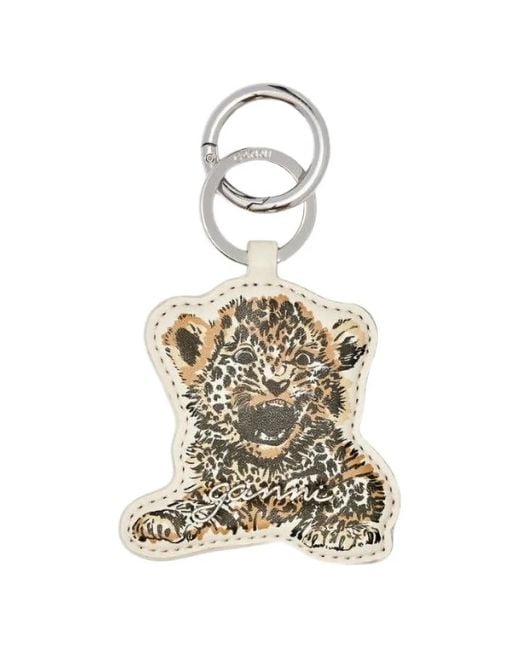 Ganni White Baby Leopard-Print Keyring