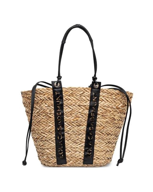 Lola Casademunt Black Logo-Perforated Interwoven Beach Bag