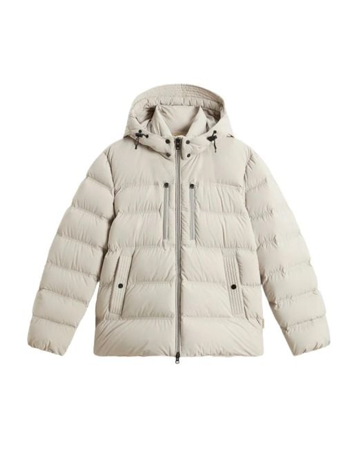 Woolrich White Hooded Stretch Puffer Jacket for men