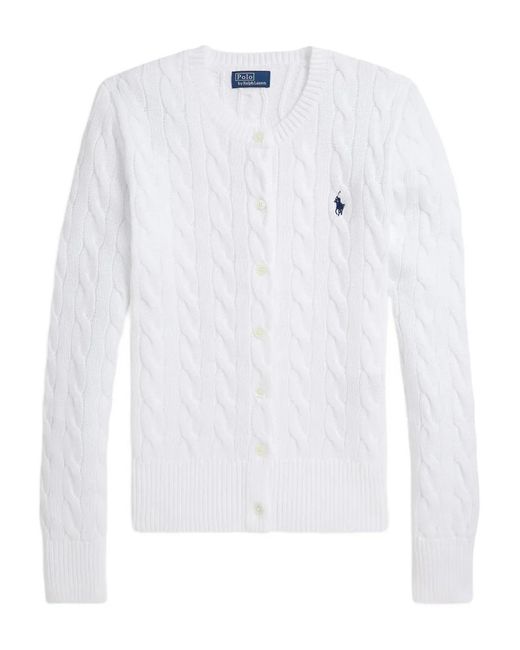 Polo Ralph Lauren White Braided Crewneck Cardigan With Logo