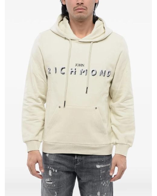 John Richmond Natural Embroidered-Logo Brushed Hoodie for men