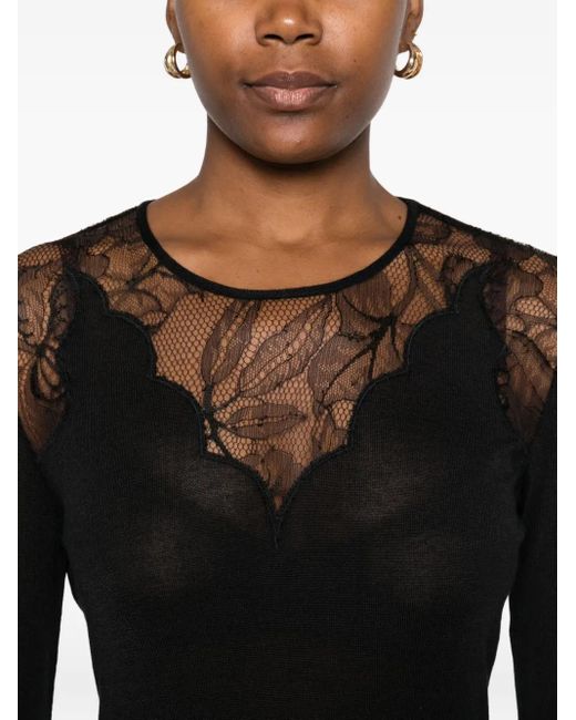 Giambattista Valli Black Lace-Insert Long-Sleeve Top