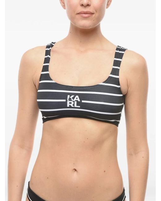 Karl Lagerfeld Black Logo-Print Striped Bikini Top